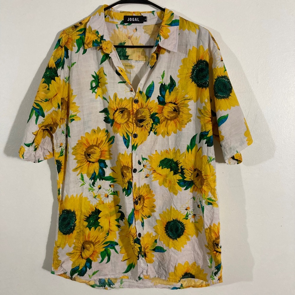 JOGAL Sunflower Shirt Men Large White Yellow Short Sleeve Button Down